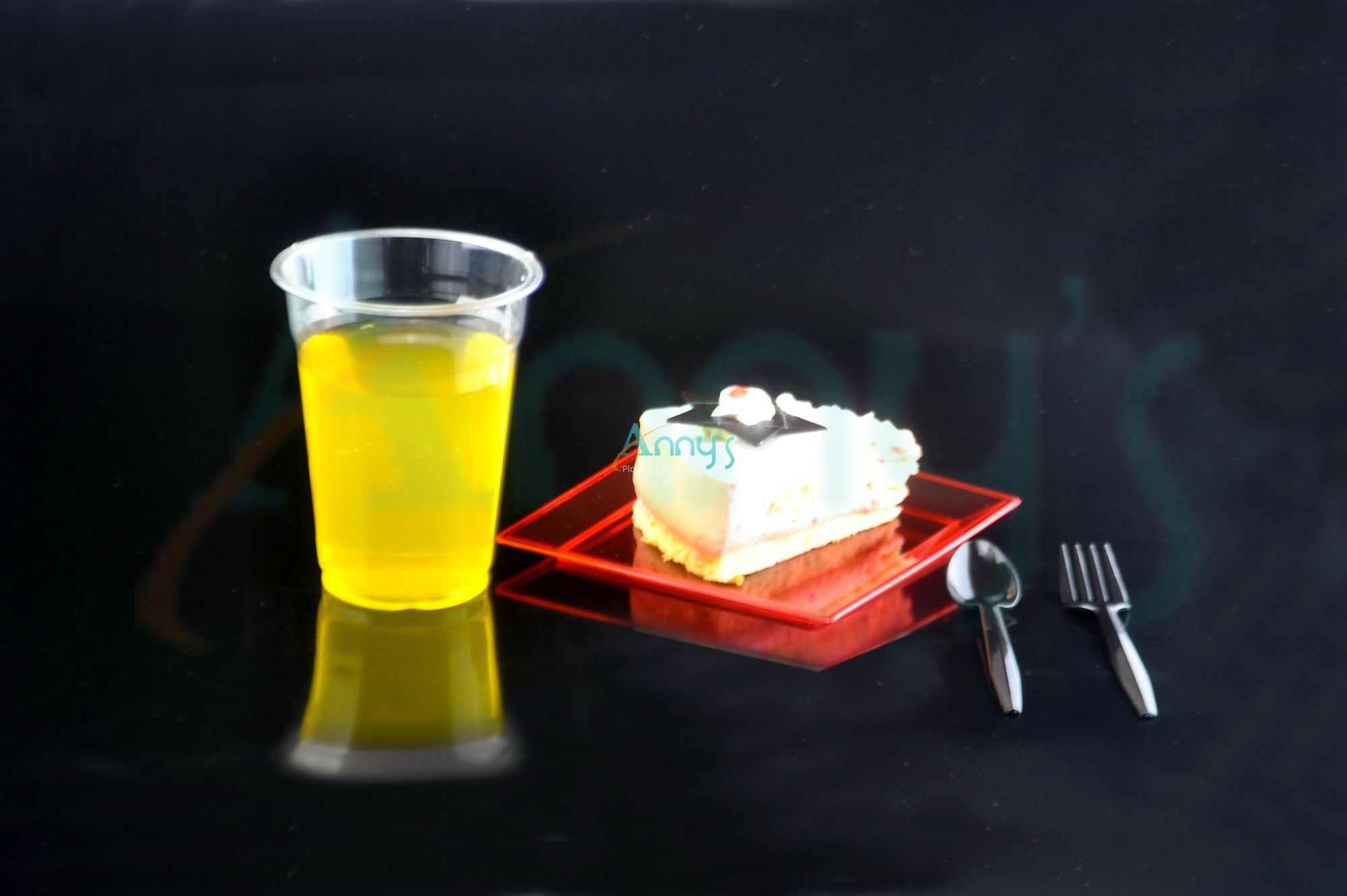 PET plastic juice cup, dessert tray and cutlery